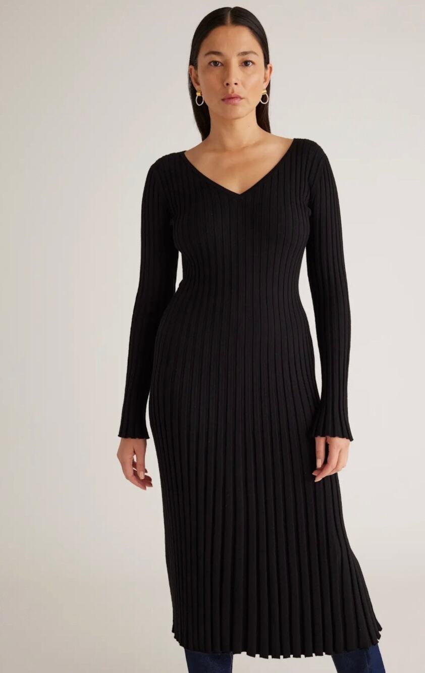 Quince Cotton Cashmere Ribbed Long Sleeve V-Neck Midi Dress Size Small